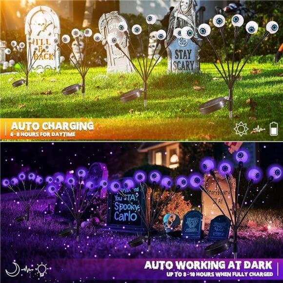 2 Pack 12 LED Solar Eyeball Lights, Halloween Decorations Firefly - Picture 4 of 8